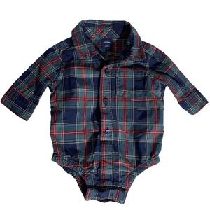 Baby Gap Plaid Button Down Bodysuit 0-3 Months Navy Green Red Tartan Cotton